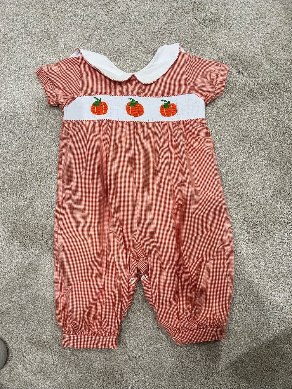 Classic Orange Gingham Pumpkin Smocked One-Piece with White Peter Pan Collar